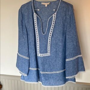 Etcetera Blue Linen-Blend Embroidered Tunic